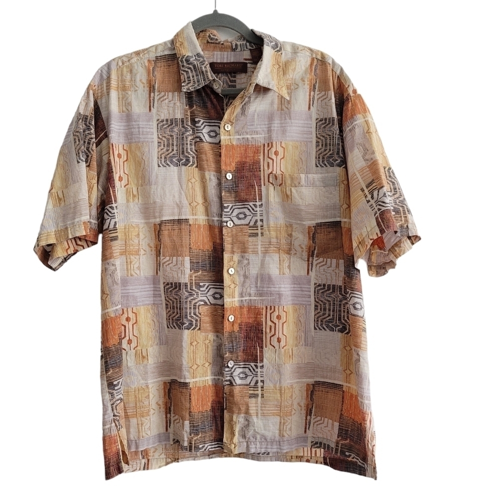 Tori Richard Honolulu Men Large Tan Orange Short Sleeve Hawaiian Shirt